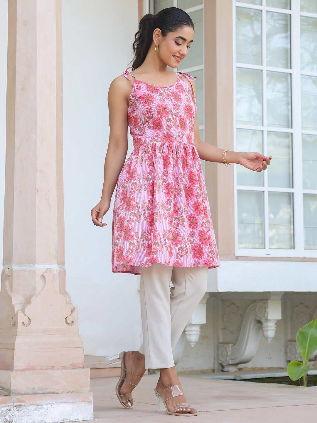 Janasya Bright Cotton Floral A-Line Tunic - Distacart