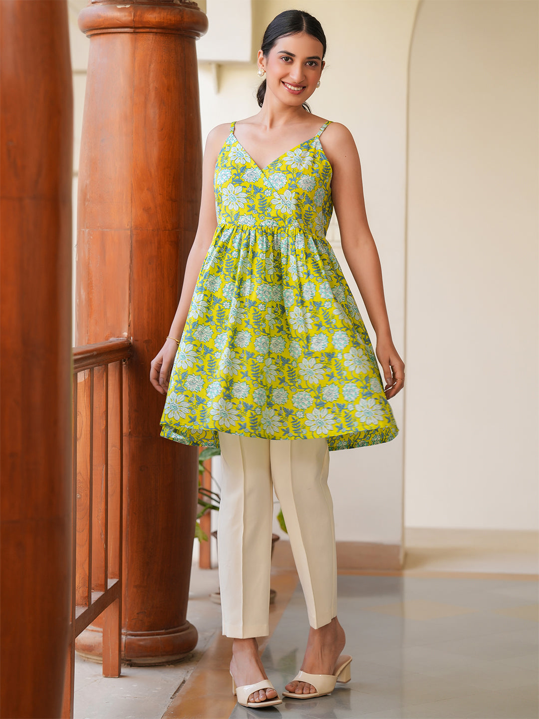 Janasya Bright Cotton Floral A-Line Tunic - Distacart
