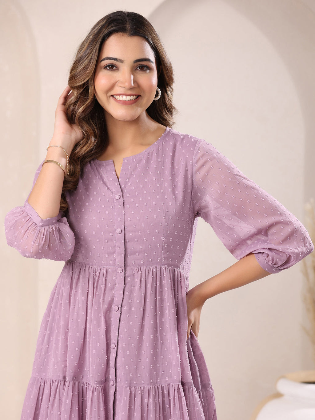 Janasya Dark Dobby Chiffon Self Design Tiered Tunic - Distacart