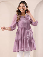 Janasya Dark Dobby Chiffon Self Design Tiered Tunic - Distacart