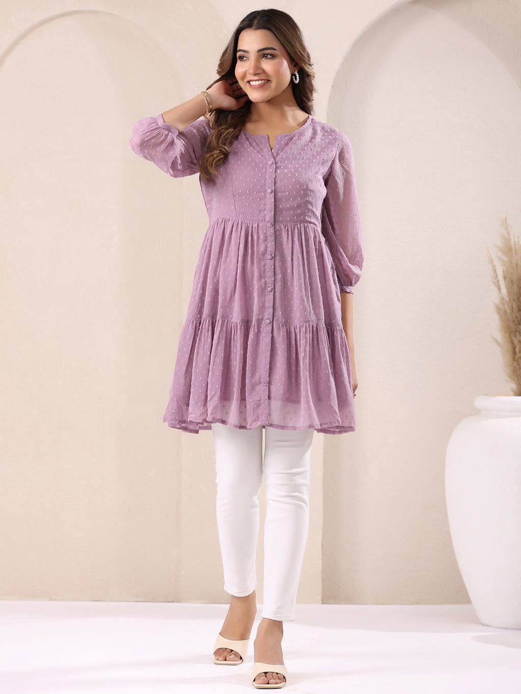 Janasya Dark Dobby Chiffon Self Design Tiered Tunic - Distacart