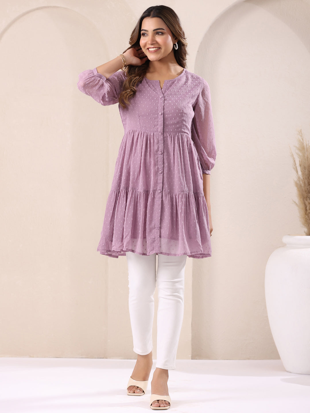 Janasya Dark Dobby Chiffon Self Design Tiered Tunic - Distacart