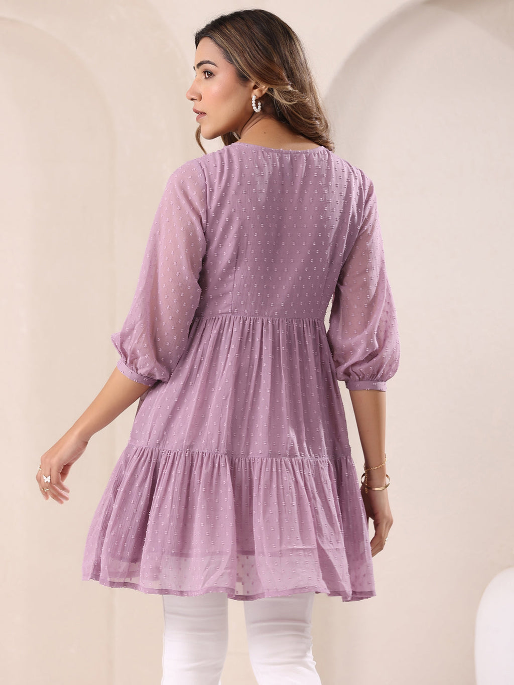 Janasya Dark Dobby Chiffon Self Design Tiered Tunic - Distacart