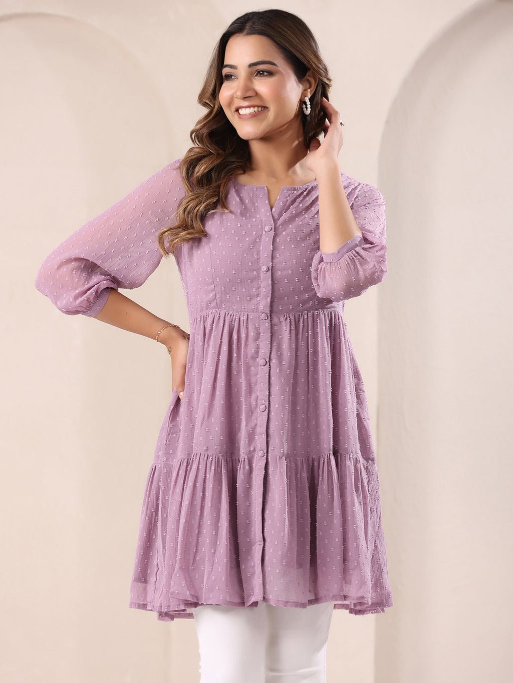 Janasya Dark Dobby Chiffon Self Design Tiered Tunic - Distacart