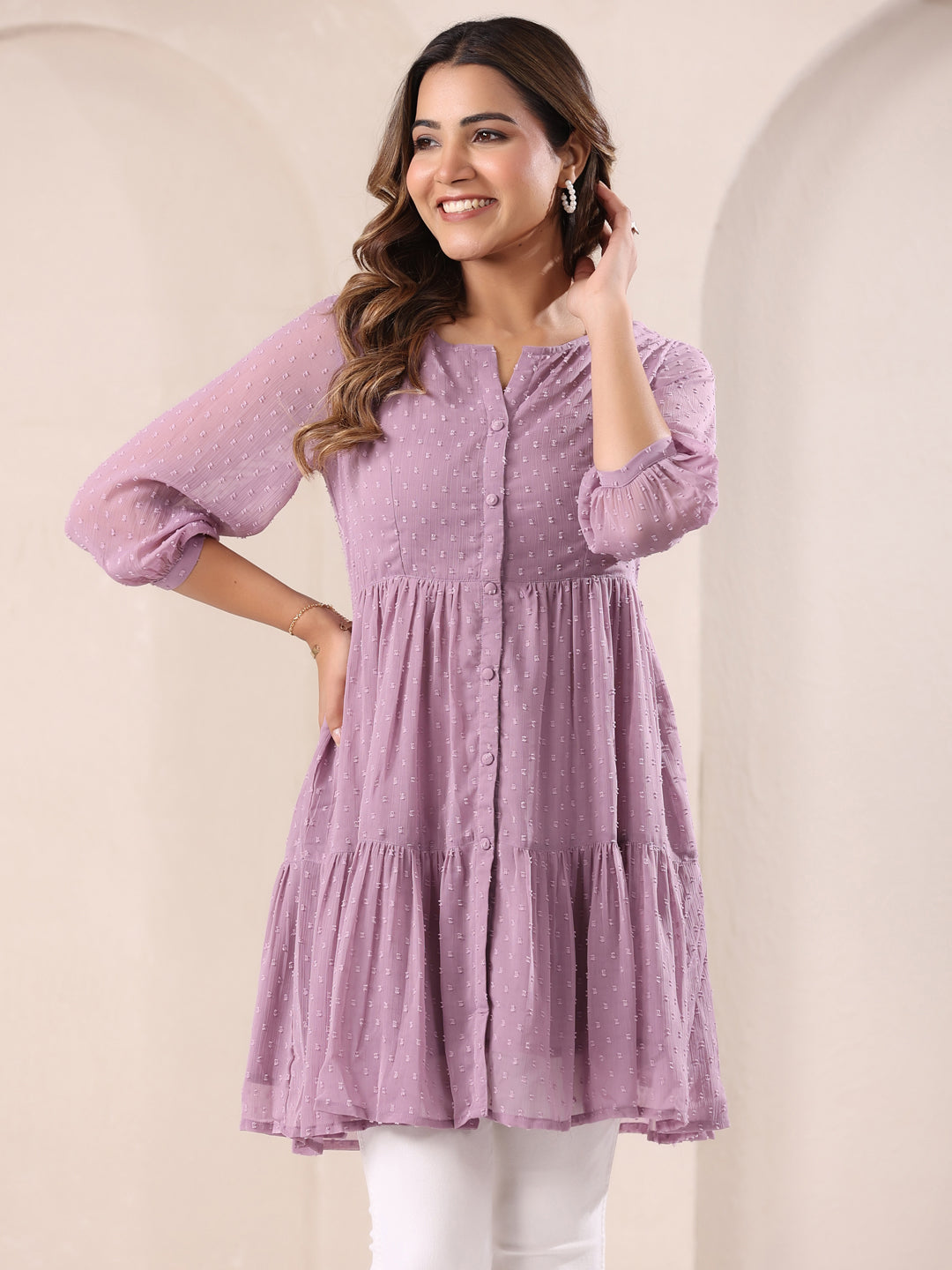 Janasya Dark Dobby Chiffon Self Design Tiered Tunic - Distacart