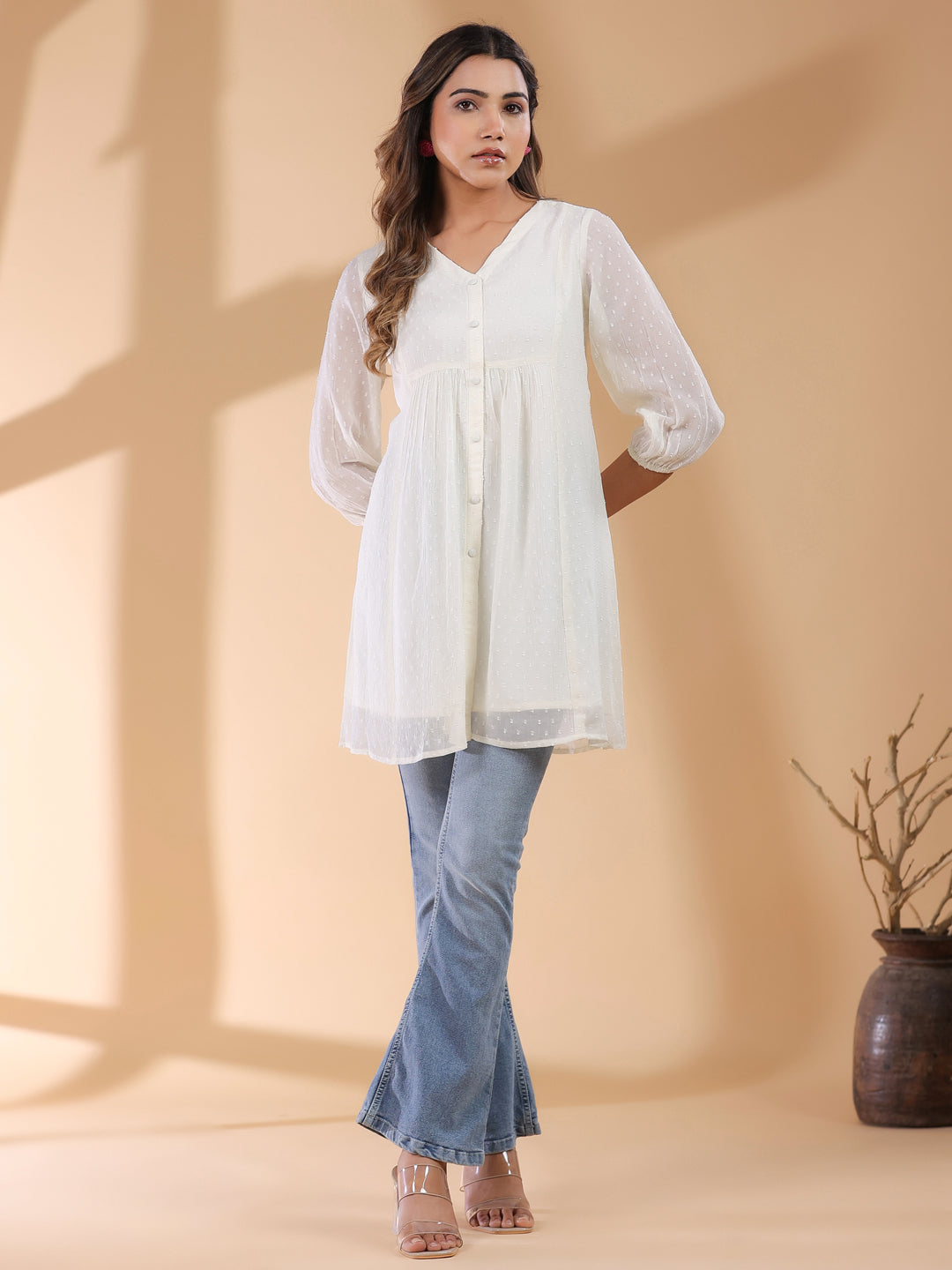 Janasya Light Dobby Chiffon Self Design A-Line Tunic - Distacart