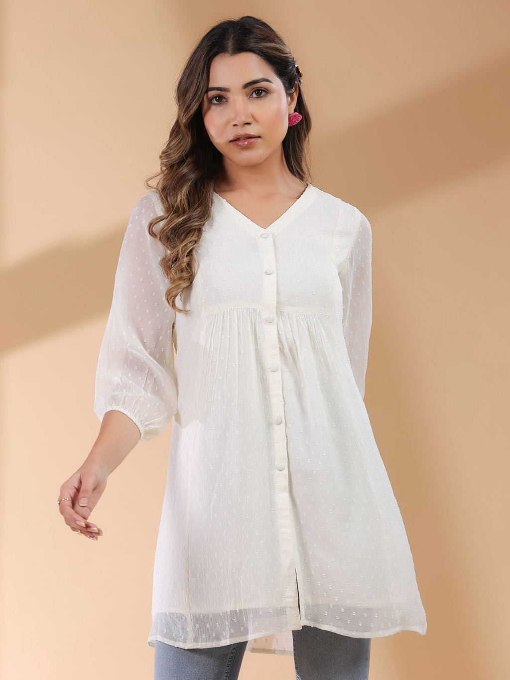 Janasya Light Dobby Chiffon Self Design A-Line Tunic - Distacart