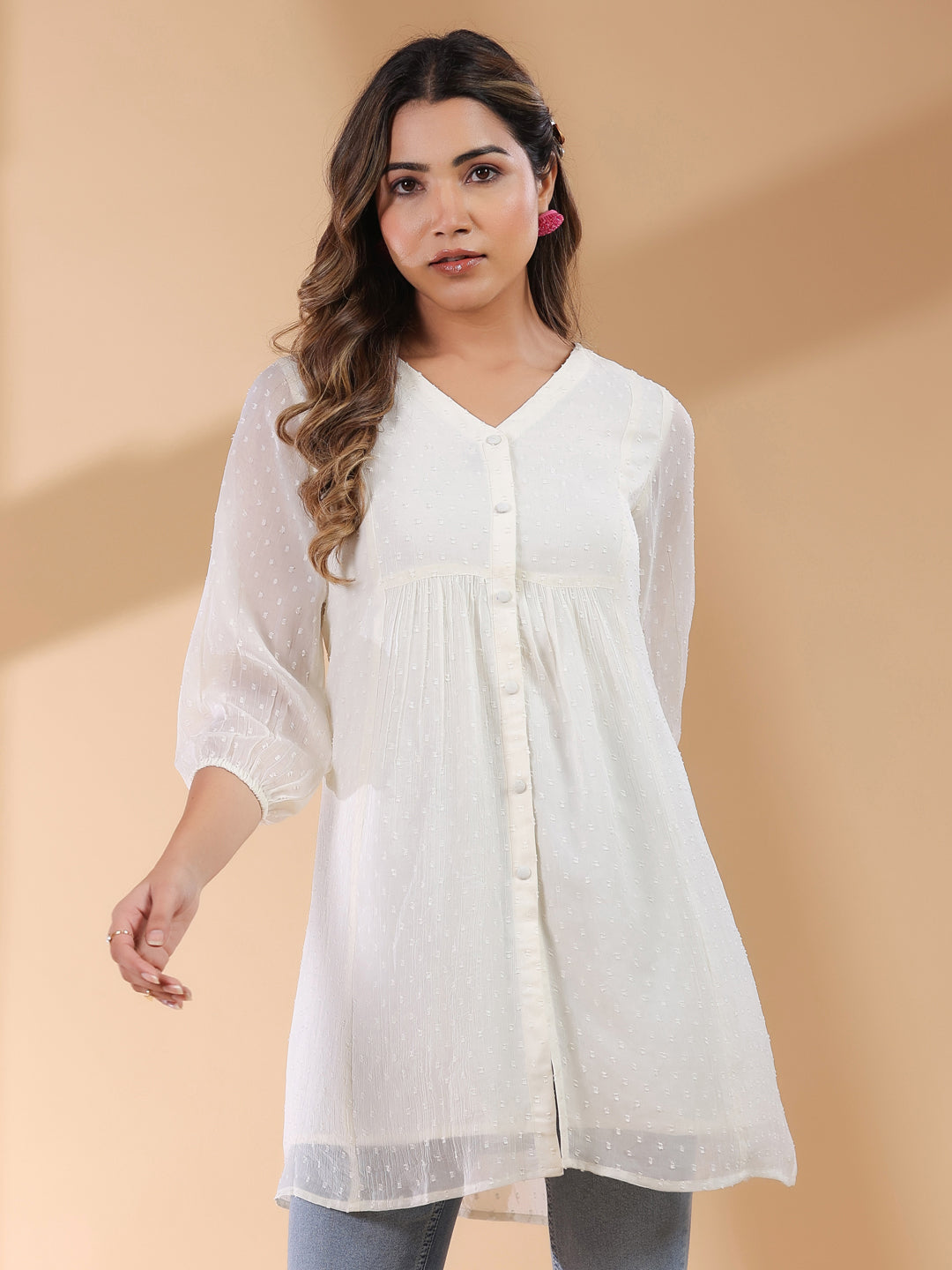 Janasya Light Dobby Chiffon Self Design A-Line Tunic - Distacart