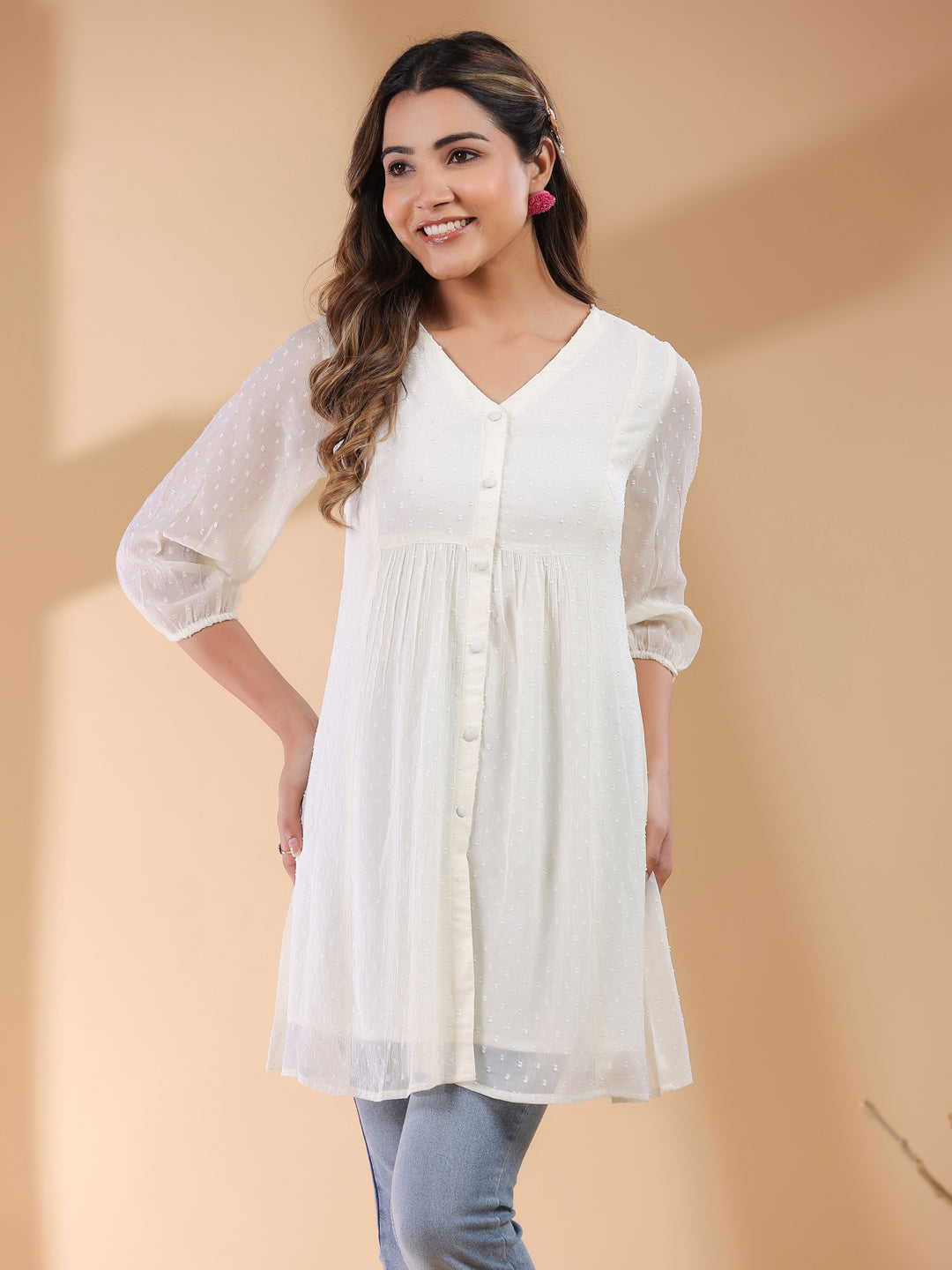 Janasya Light Dobby Chiffon Self Design A-Line Tunic - Distacart