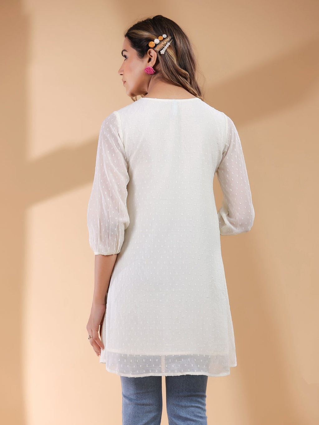 Janasya Light Dobby Chiffon Self Design A-Line Tunic - Distacart
