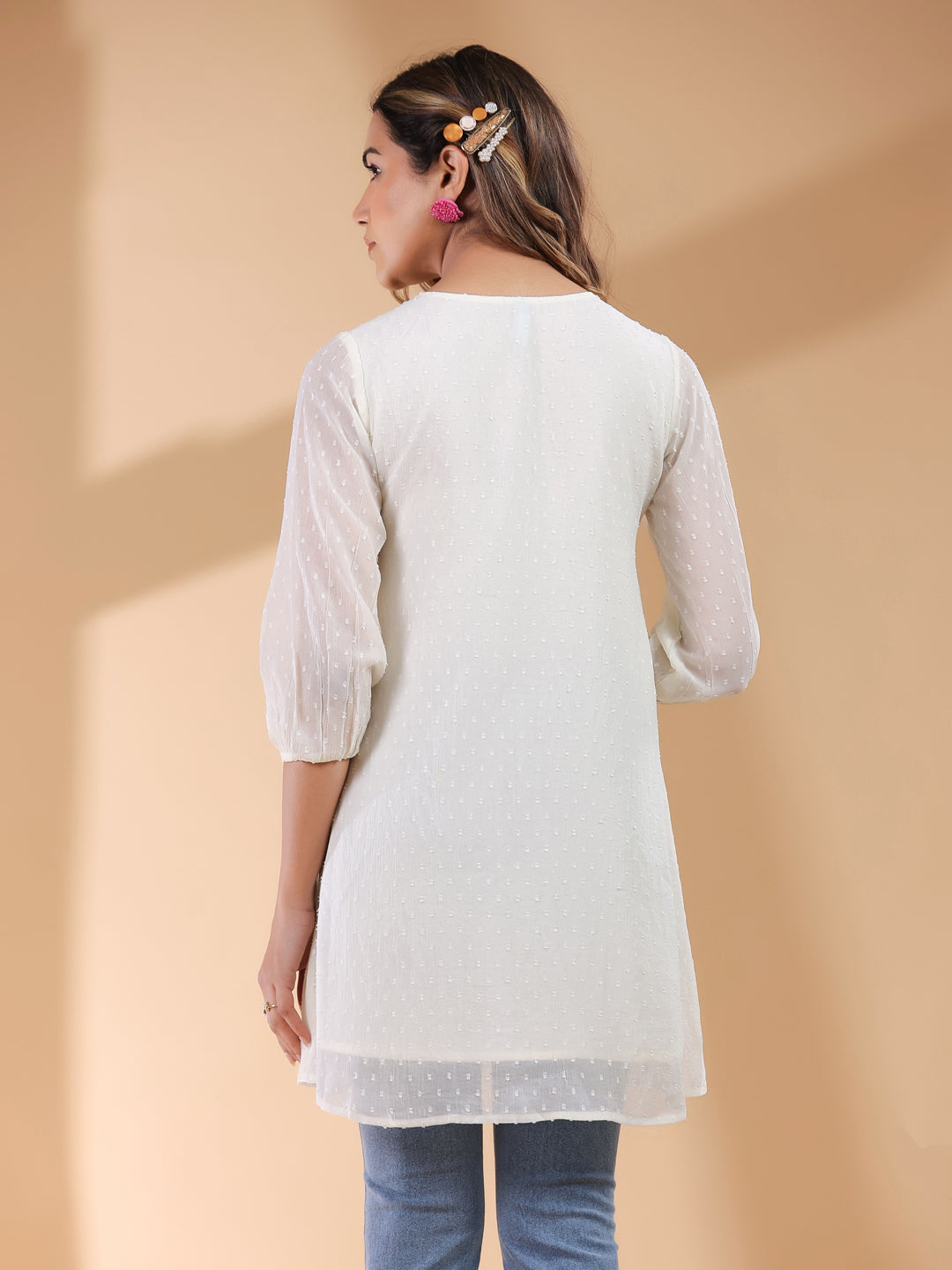 Janasya Light Dobby Chiffon Self Design A-Line Tunic - Distacart