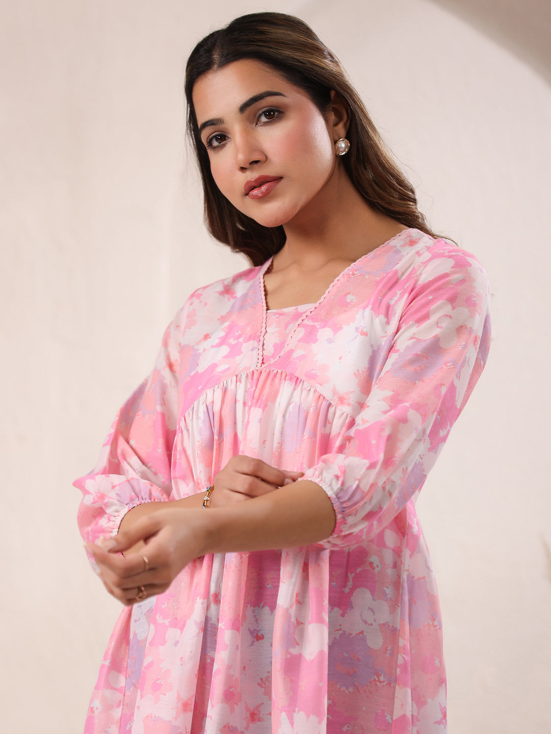 Janasya Dark Silk Blend Floral A-Line Tunic