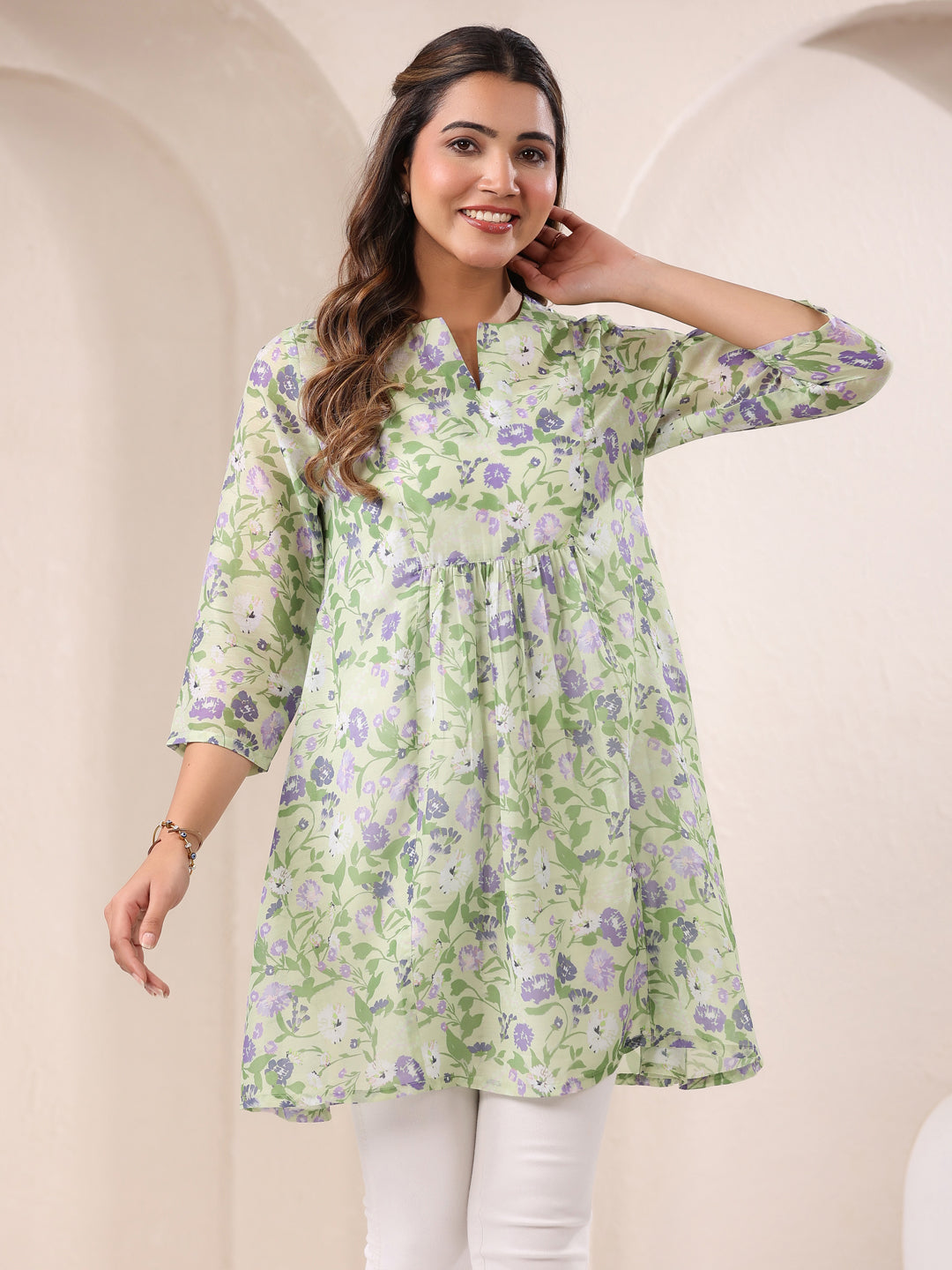 Janasya Light Silk Blend Floral A-Line Tunic - Distacart