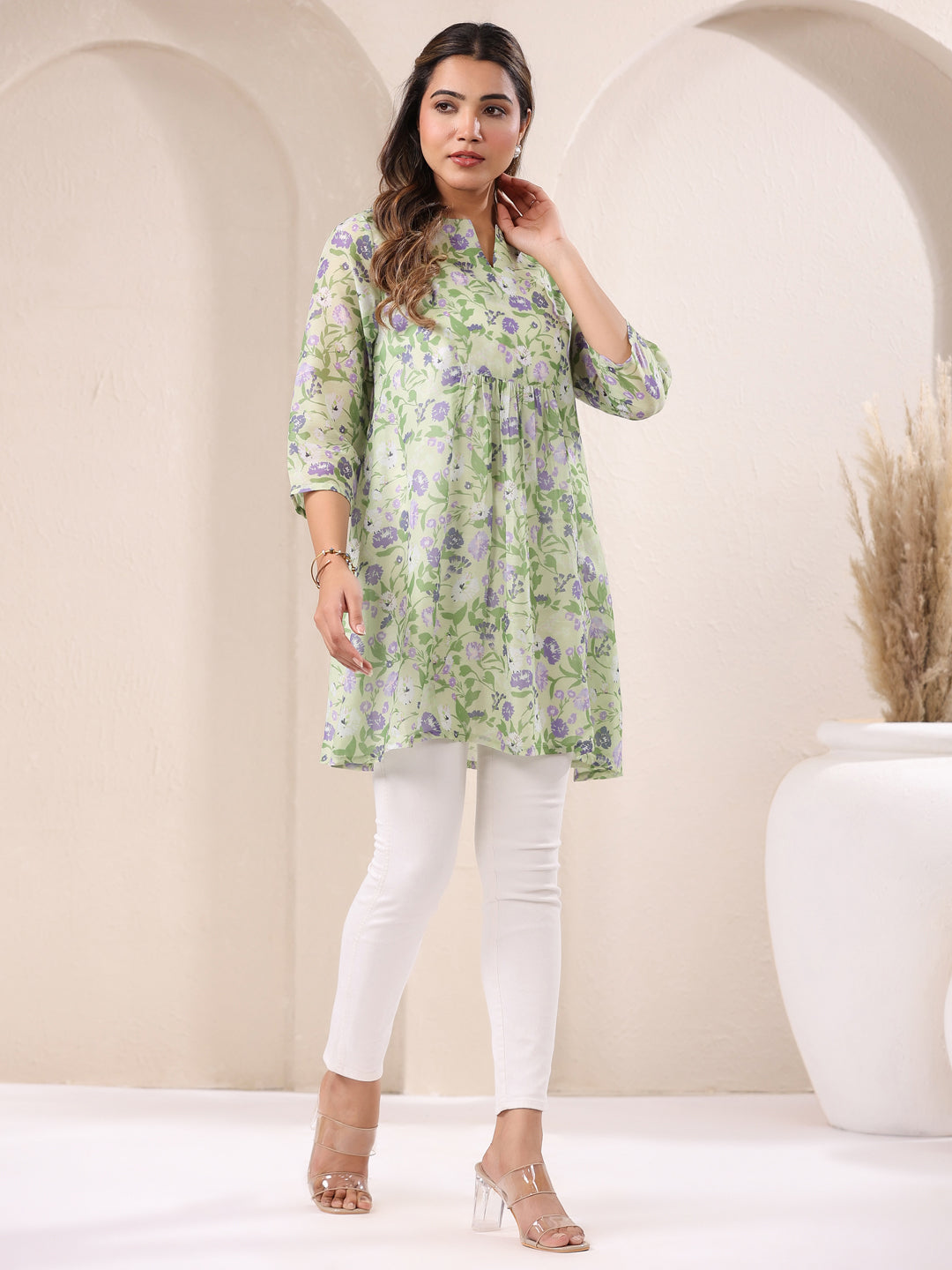 Janasya Light Silk Blend Floral A-Line Tunic - Distacart