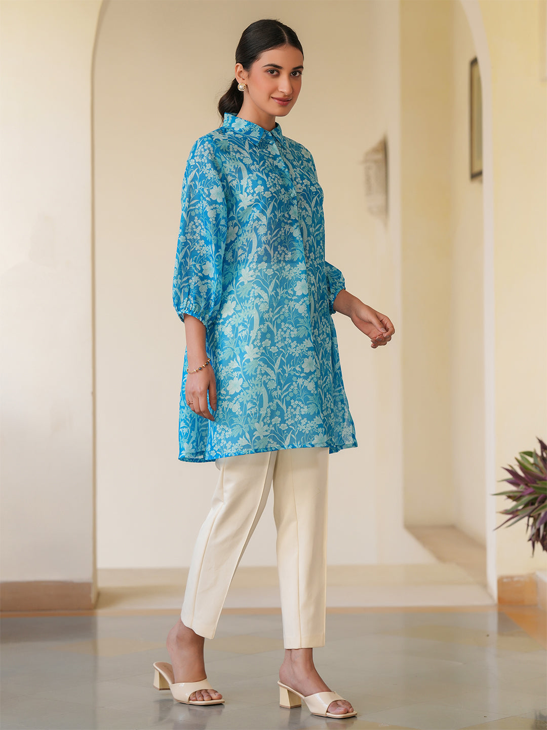 Janasya Bright Silk Blend Floral A-Line Tunic - Distacart
