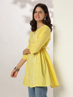Janasya Bright Cotton Embroidered A-Line Tunic