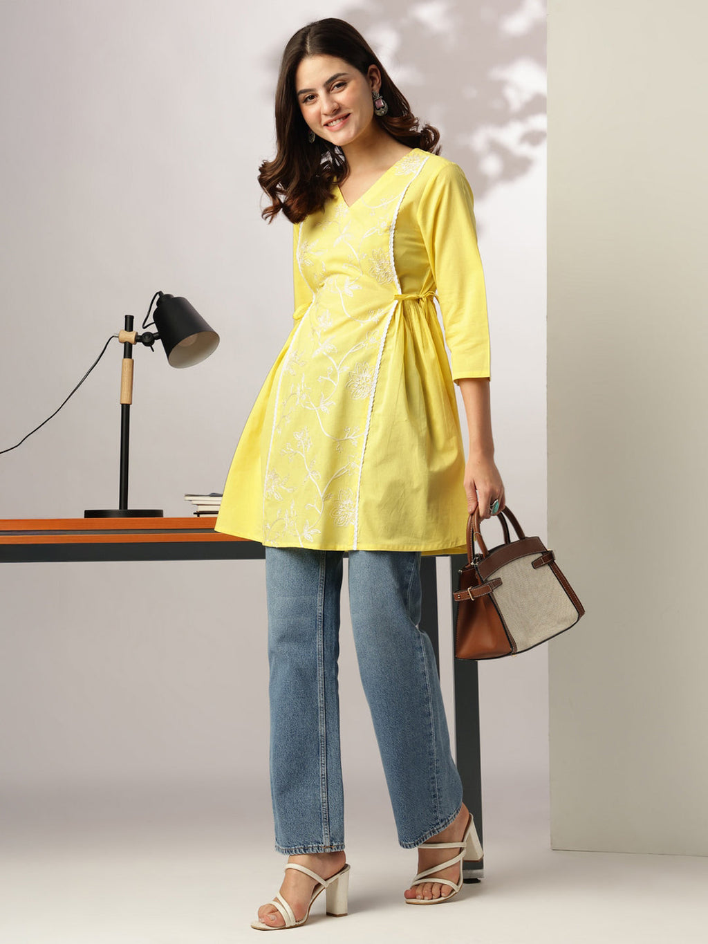 Janasya Bright Cotton Embroidered A-Line Tunic