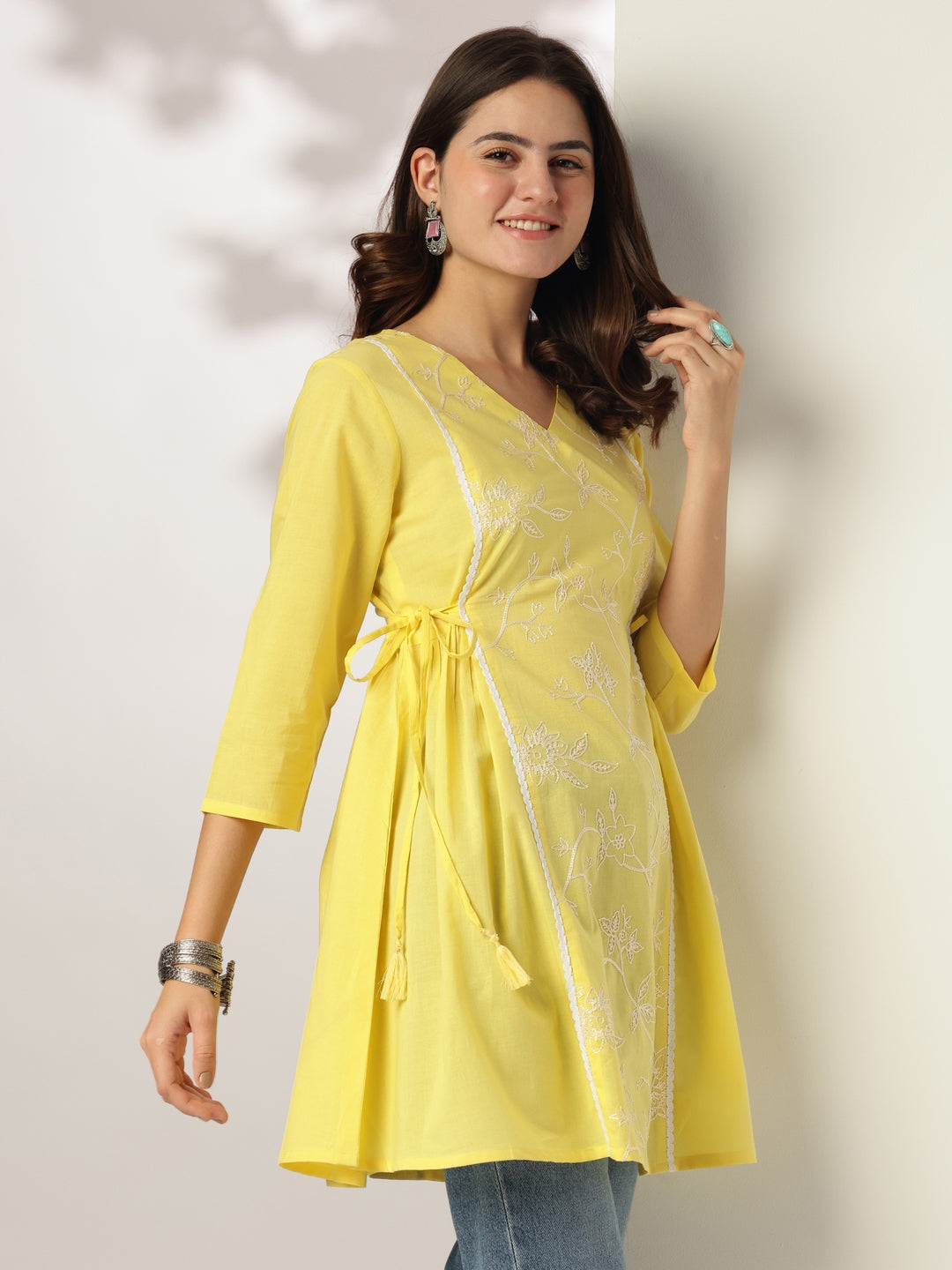 Janasya Bright Cotton Embroidered A-Line Tunic