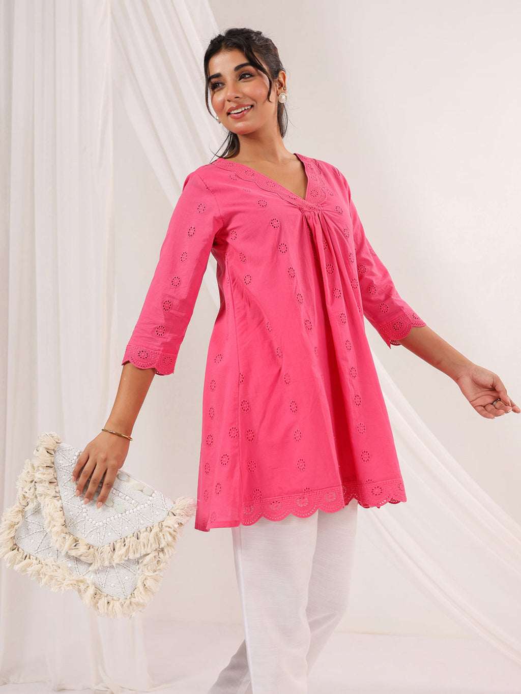 Janasya Bright Cotton Schiffli A-Line Tunic