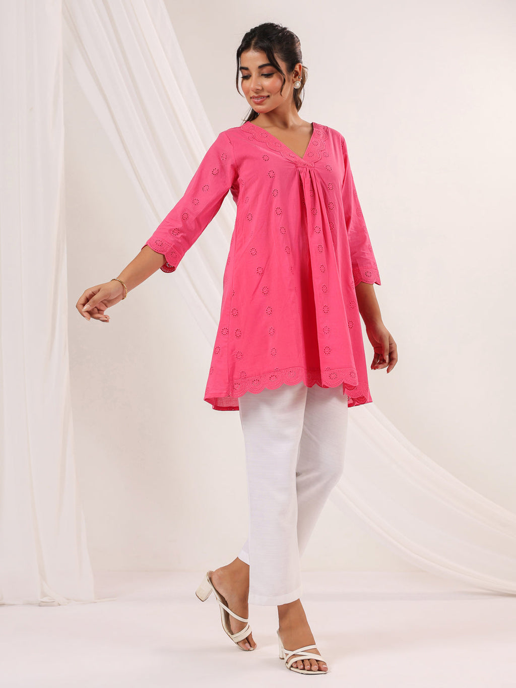 Janasya Bright Cotton Schiffli A-Line Tunic
