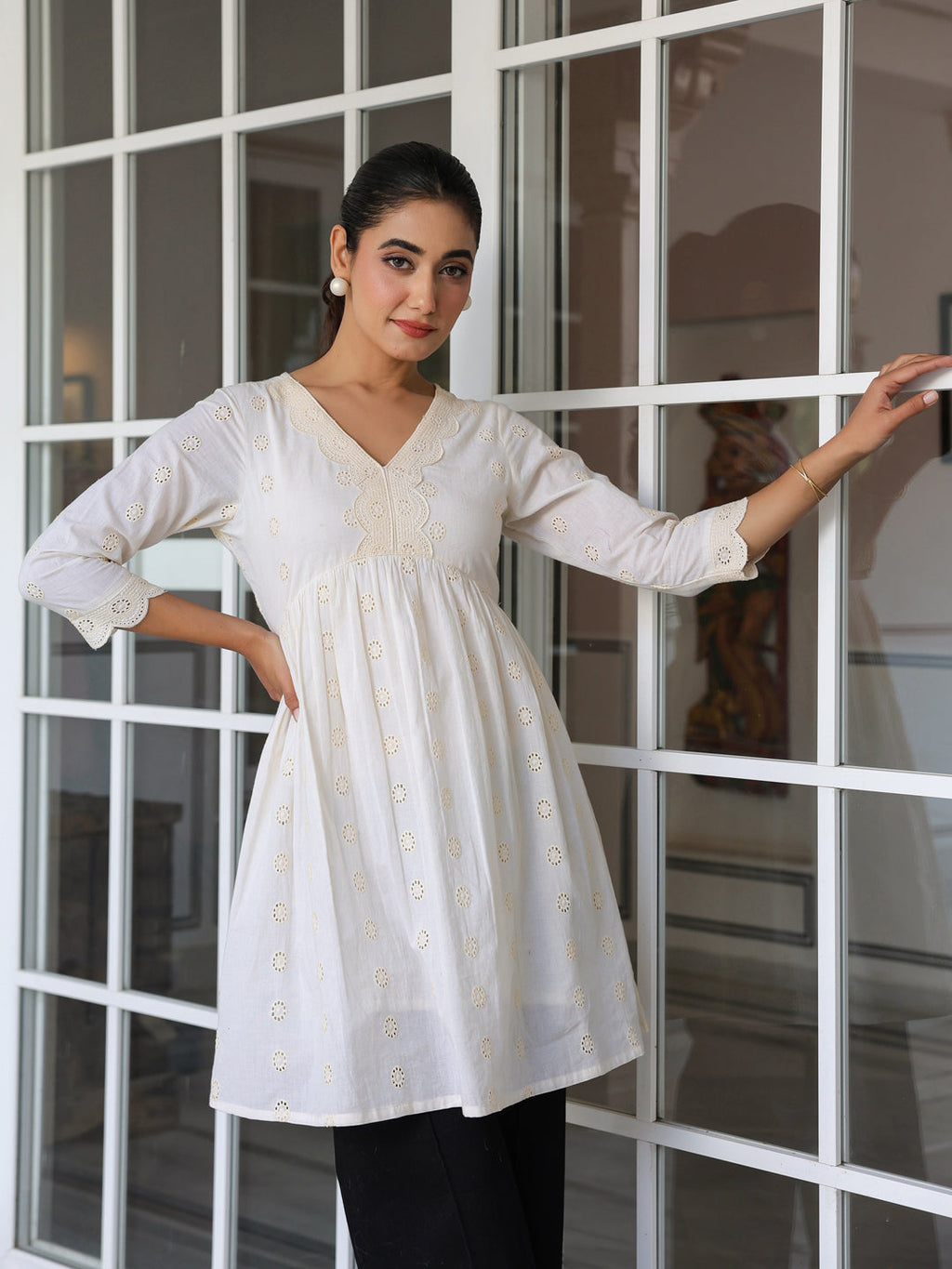 Janasya Light Cotton Schiffli A-Line Tunic - Distacart