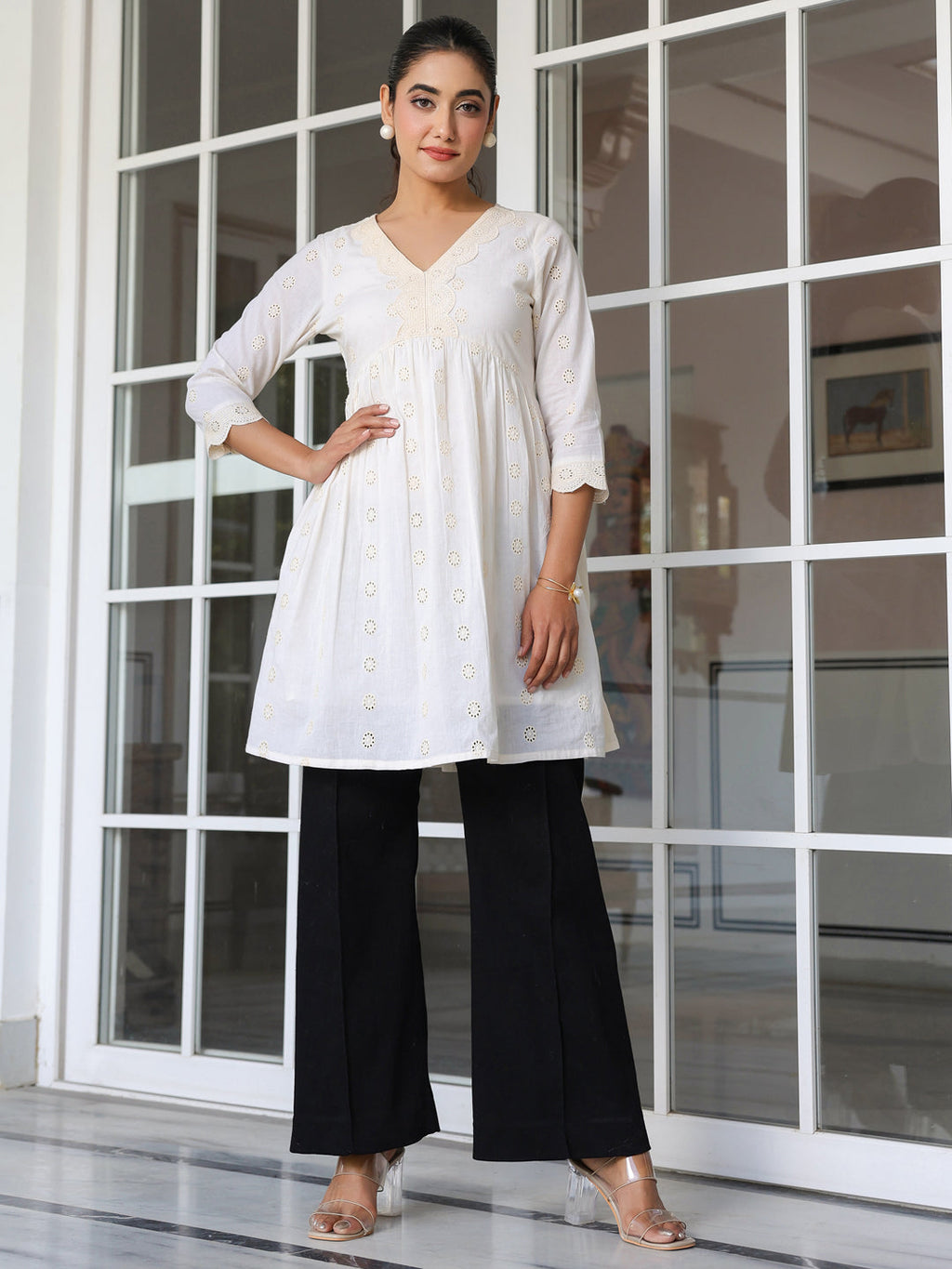 Janasya Light Cotton Schiffli A-Line Tunic - Distacart