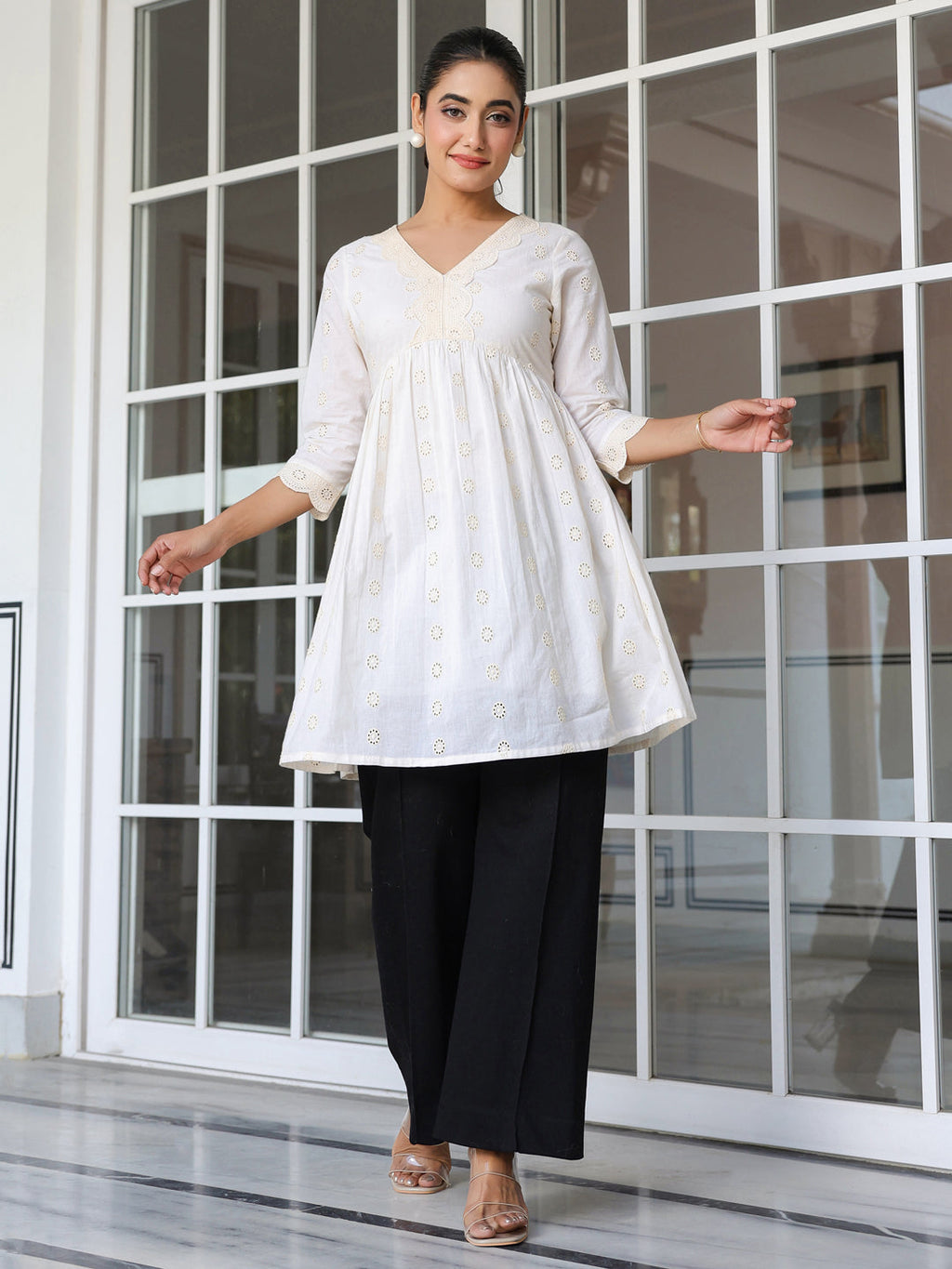 Janasya Light Cotton Schiffli A-Line Tunic - Distacart
