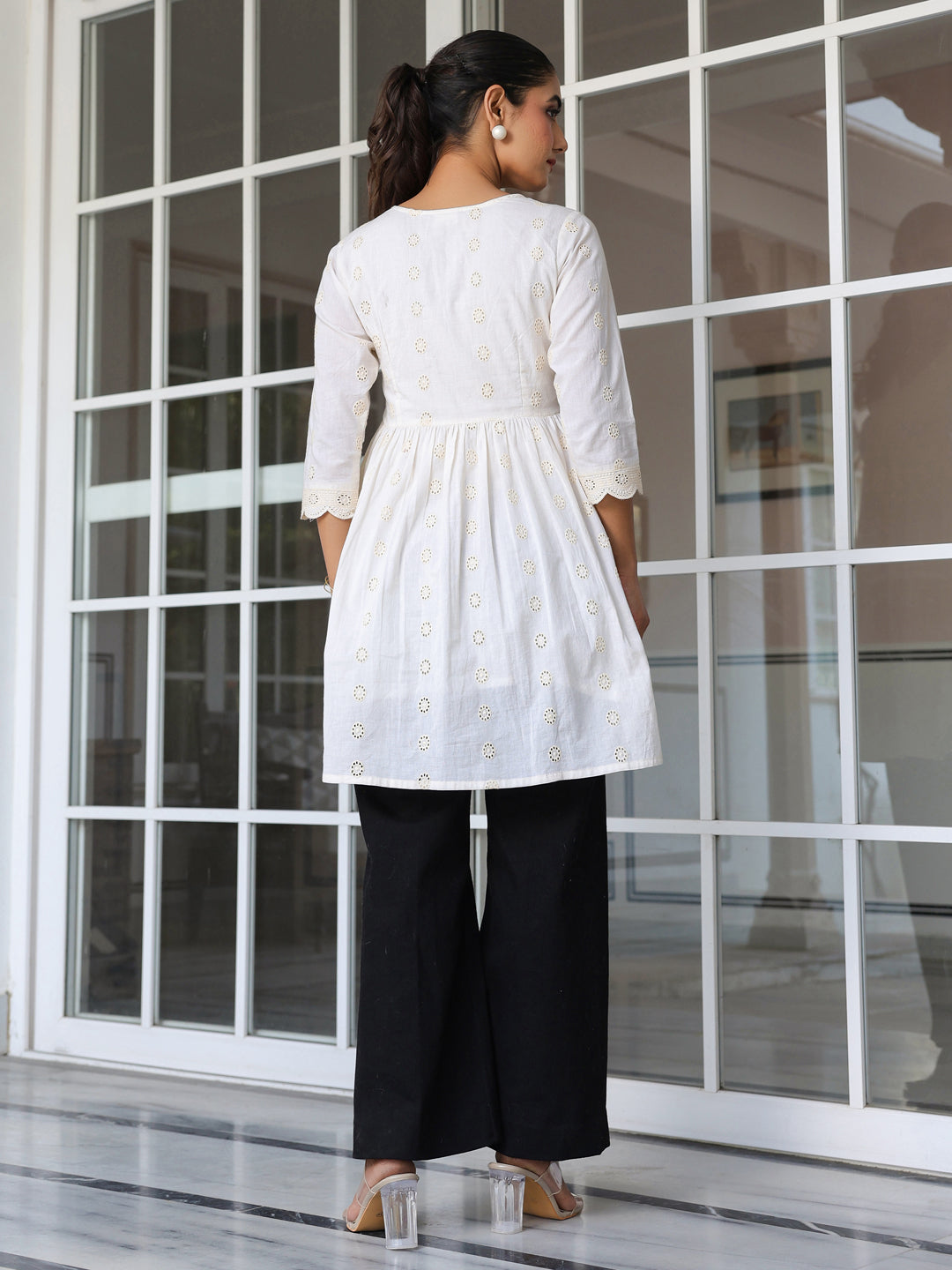 Janasya Light Cotton Schiffli A-Line Tunic - Distacart