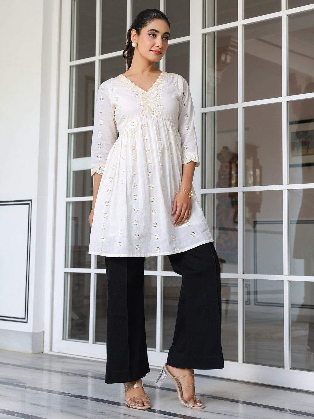 Janasya Light Cotton Schiffli A-Line Tunic - Distacart