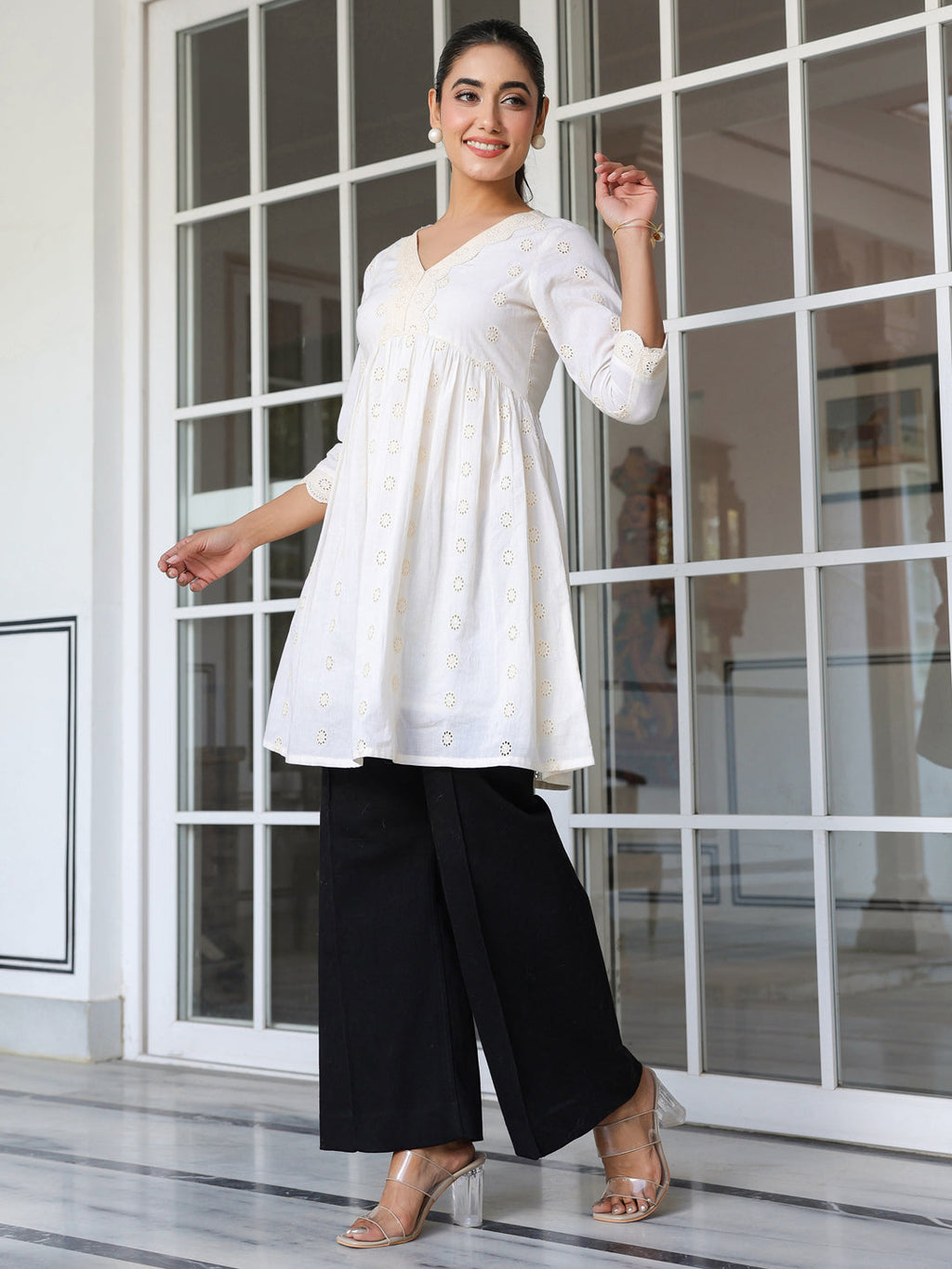 Janasya Light Cotton Schiffli A-Line Tunic - Distacart