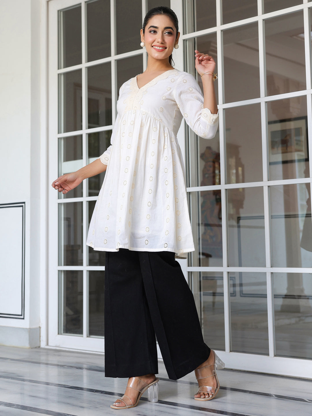 Janasya Light Cotton Schiffli A-Line Tunic - Distacart
