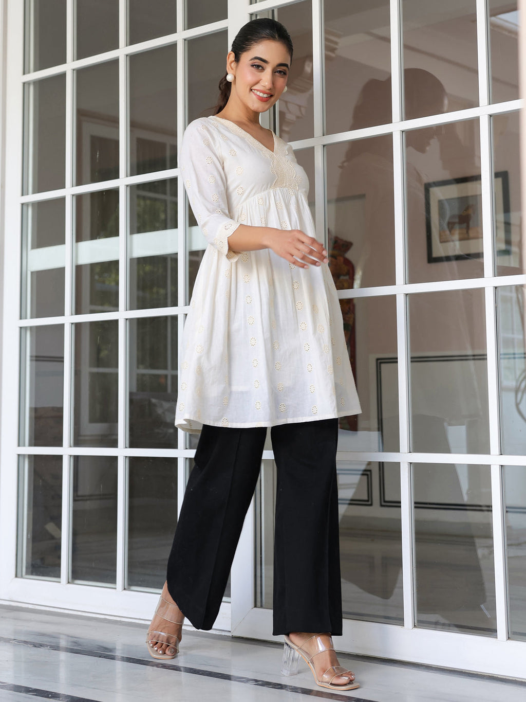Janasya Light Cotton Schiffli A-Line Tunic - Distacart