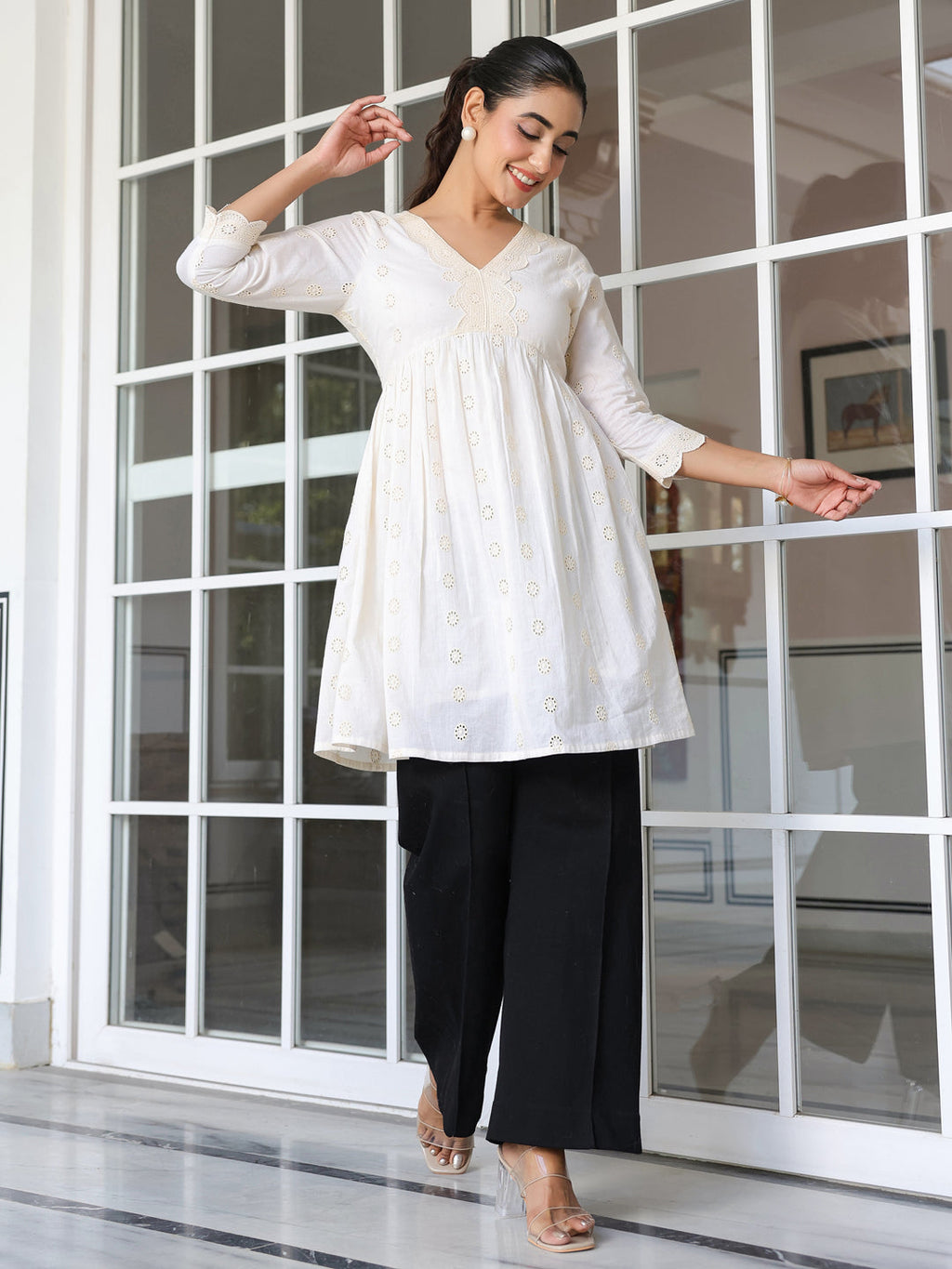 Janasya Light Cotton Schiffli A-Line Tunic - Distacart