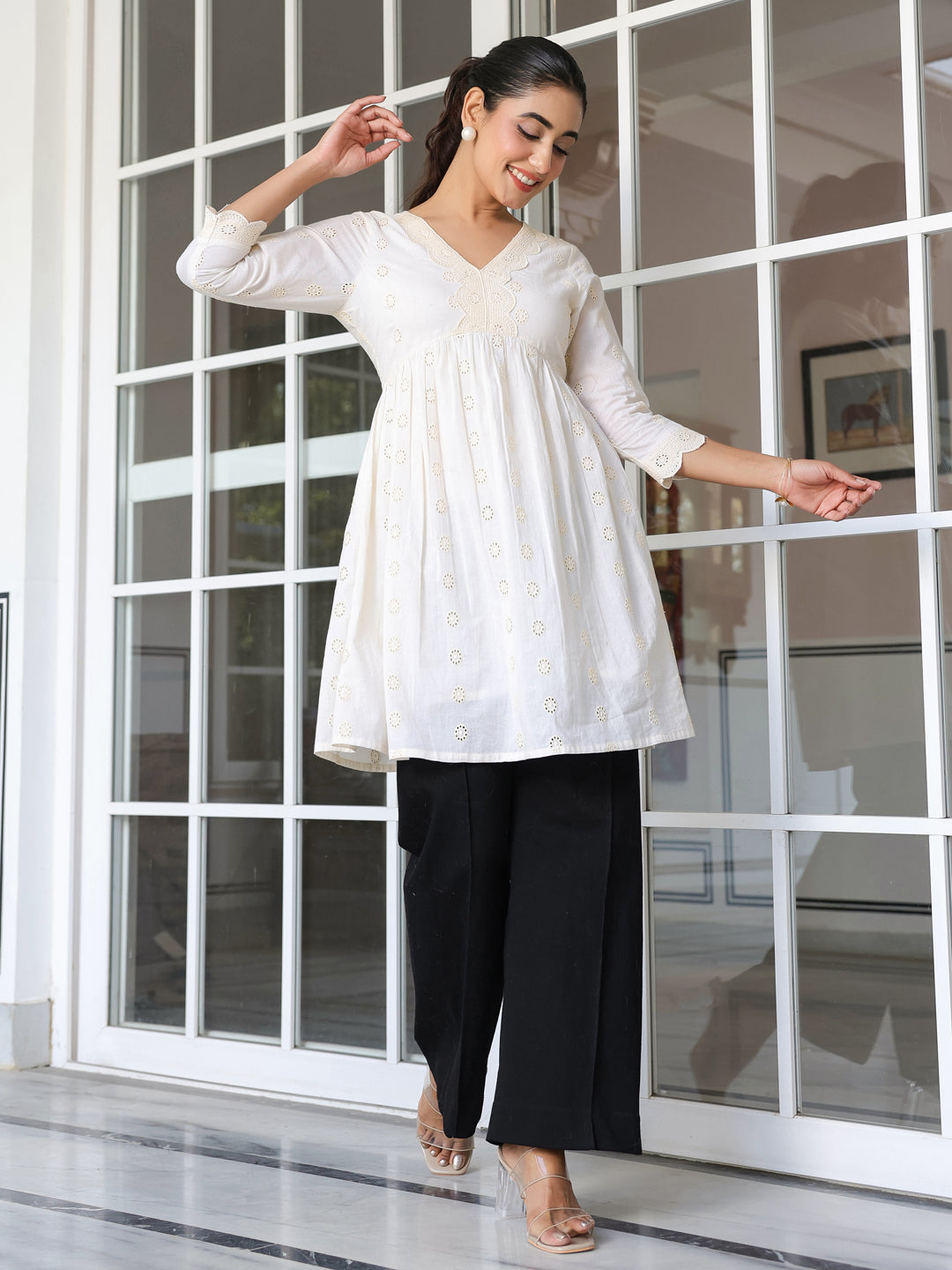 Janasya Light Cotton Schiffli A-Line Tunic - Distacart