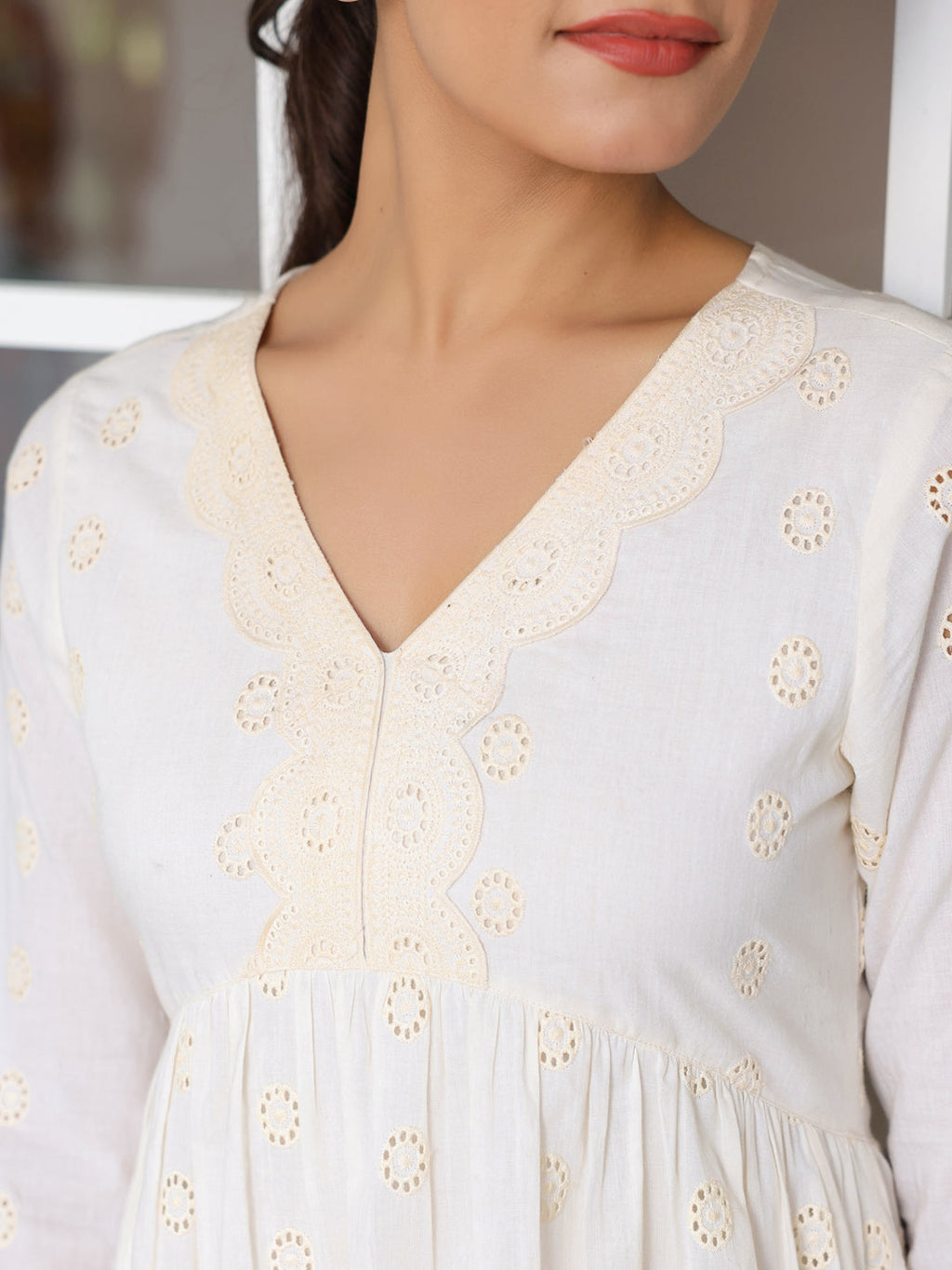 Janasya Light Cotton Schiffli A-Line Tunic - Distacart