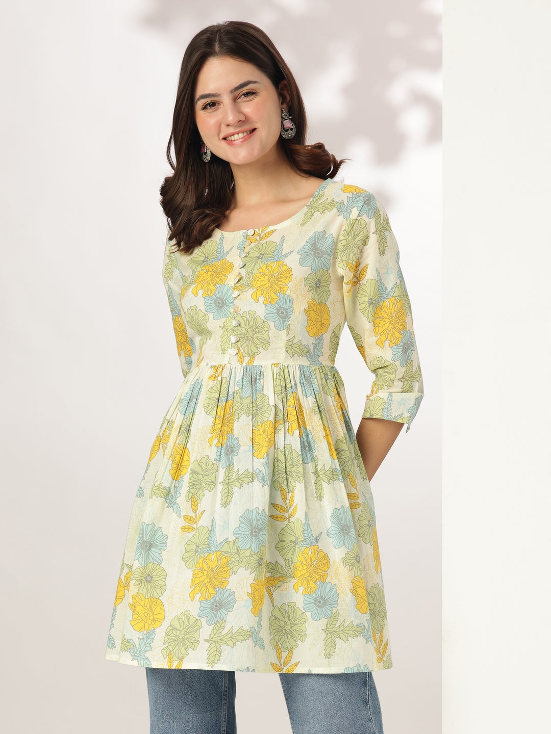 Janasya Light Cotton Floral A-Line Tunic - Distacart
