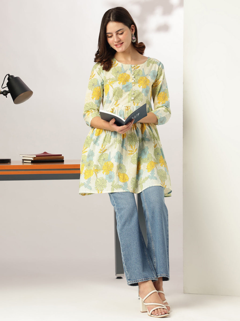 Janasya Light Cotton Floral A-Line Tunic - Distacart