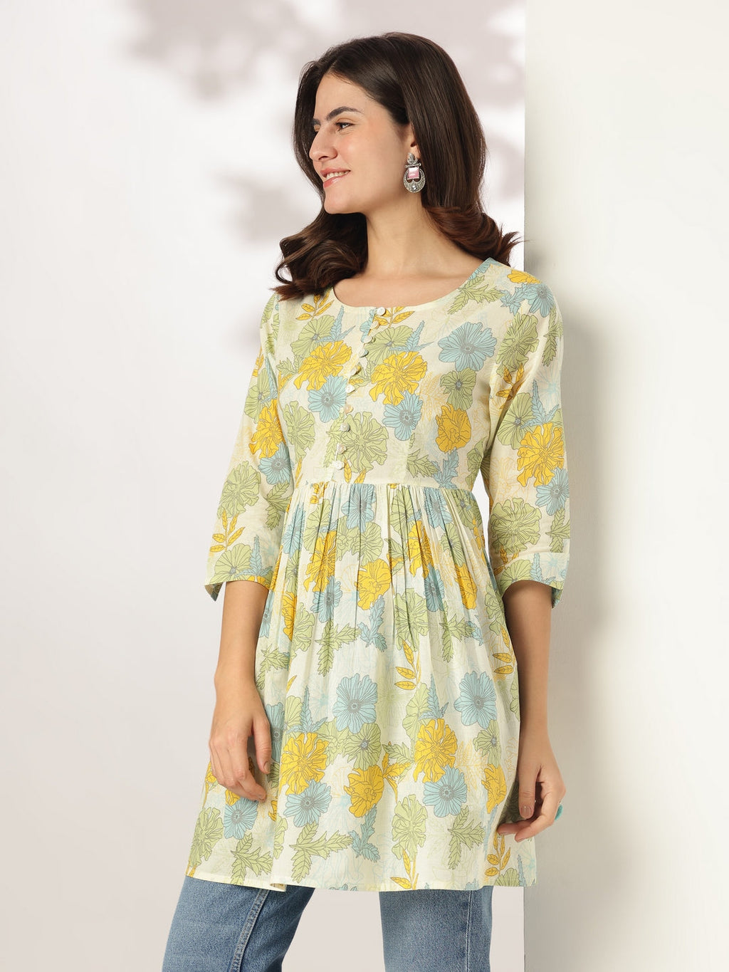 Janasya Light Cotton Floral A-Line Tunic - Distacart