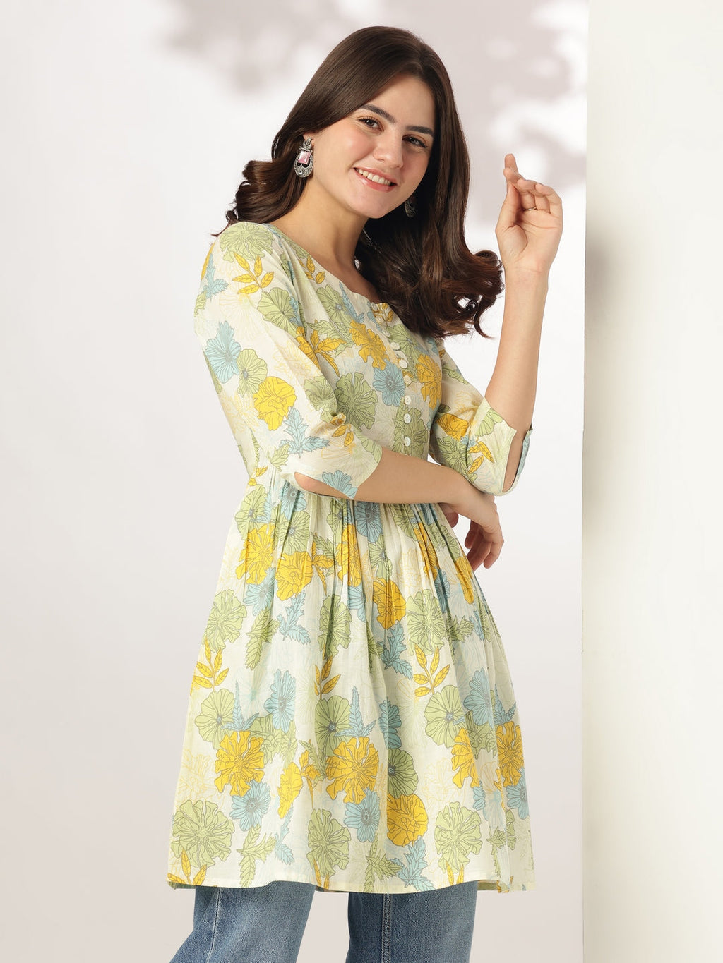 Janasya Light Cotton Floral A-Line Tunic - Distacart