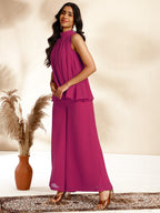 Janasya Bright Dobby Chiffon Self Design Gathered Top & Bottom Set