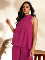 Janasya Bright Dobby Chiffon Self Design Gathered Top & Bottom Set