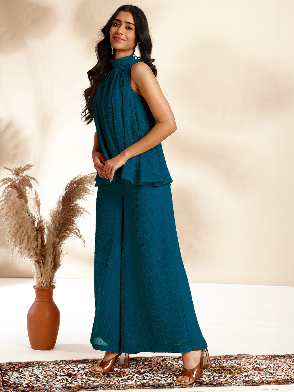 Janasya Dark Chiffon Self Design Gathered Top & Bottom Set