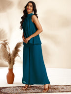 Janasya Dark Chiffon Self Design Gathered Top & Bottom Set