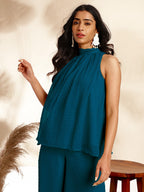 Janasya Dark Chiffon Self Design Gathered Top & Bottom Set