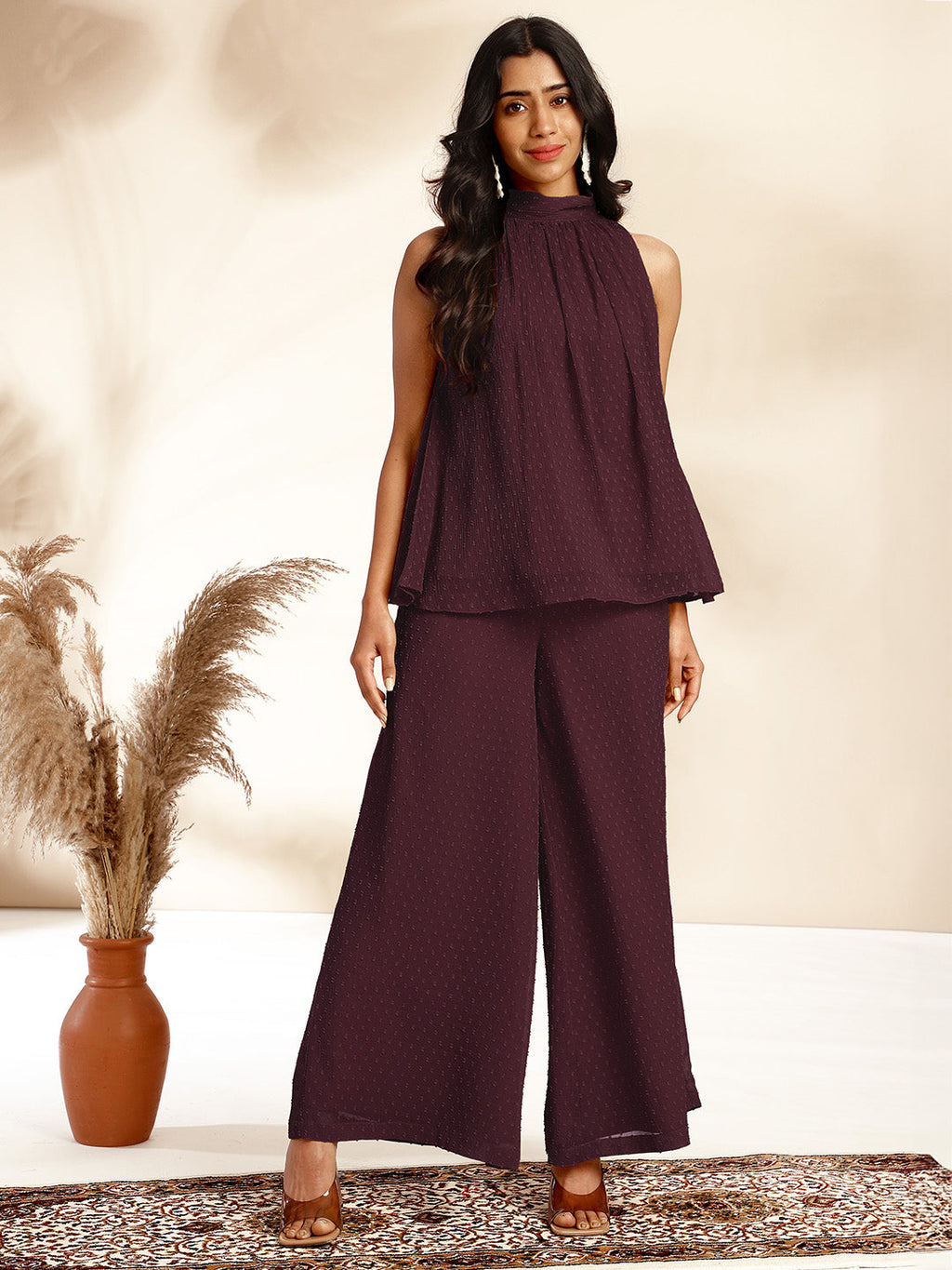 Janasya Dark Chiffon Self Design Gathered Top & Bottom Set - Distacart