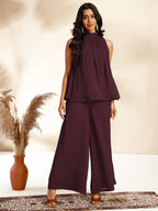 Janasya Dark Chiffon Self Design Gathered Top & Bottom Set - Distacart