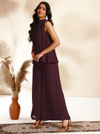 Janasya Dark Chiffon Self Design Gathered Top & Bottom Set - Distacart
