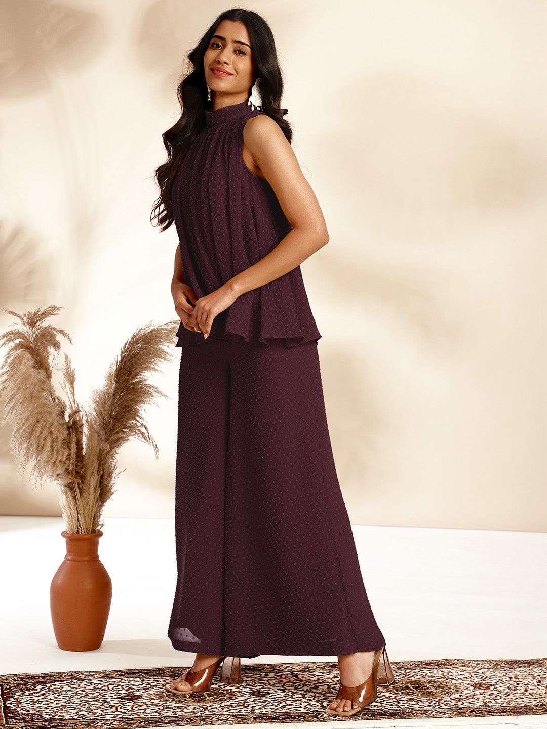 Janasya Dark Chiffon Self Design Gathered Top & Bottom Set - Distacart