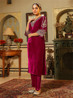 Janasya Pink Velvet Embroidered Kurta & Bottom