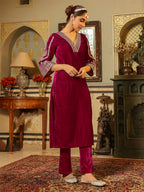 Janasya Pink Velvet Embroidered Kurta & Bottom